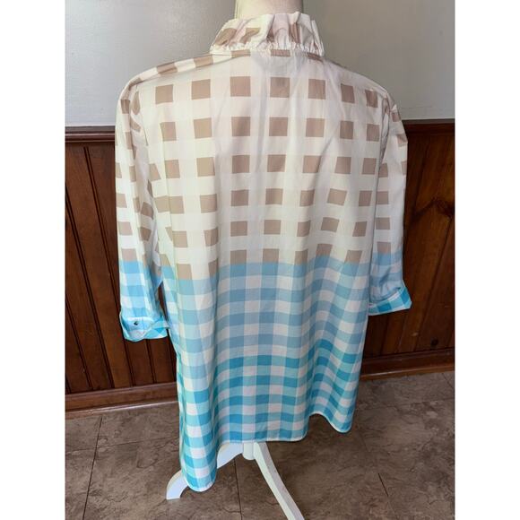 Womens Ming Wang Ruffled Cotton Gingham Blouse Blue‎ Tan 3/4 Sleeve Size XL - Picture 5 of 8